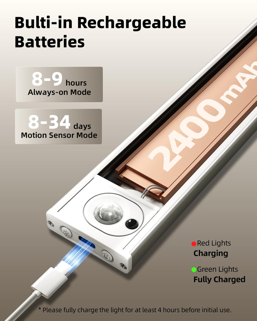 12inch Under Cabinet Lighting with Remote, 2400mAh Rechargeable Motion Sensor Light Indoor, Wireless Closet Lights