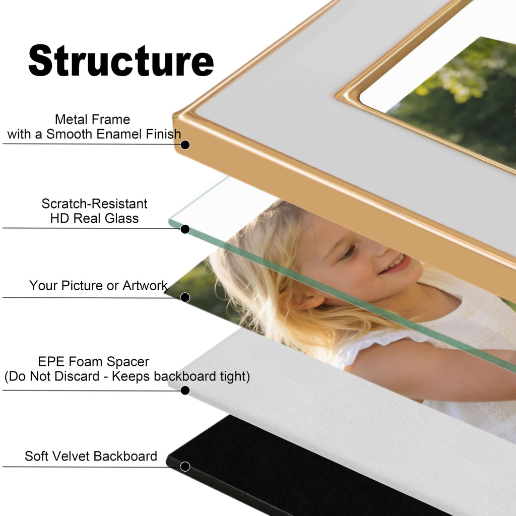 4x6 Double Picture Frame with White Enamel Finish, Gold Edge Metal Hinged Photo Frames, Real Glass Front Velvet Back