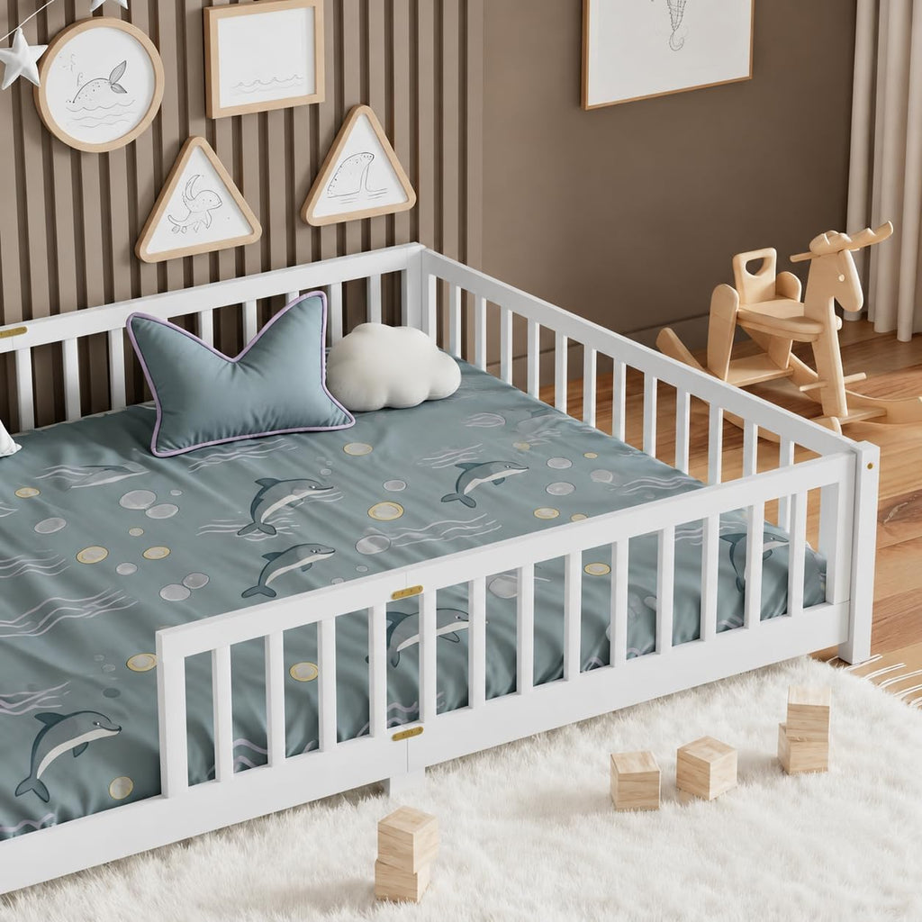 Floor Bed for Teenager, Solid Wood Multifunctional Bed Frame with Safety Guardrails, Without Door, Easy
