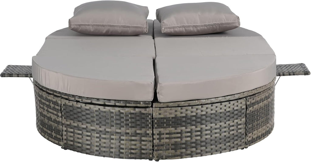 Outdoor Patio Round Daybed, Sun Bed with Adjustable Backrests and Foldable Cup Trays, Reclining Outdoor Lounger