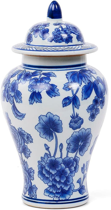 11′′ Blue & White Ginger Jar with Lid Classic Peony Home Decor Aesthetic
