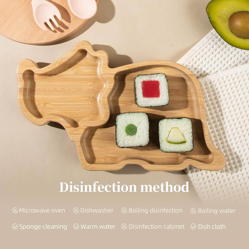 Plate Set with Suction - Dinosaur Divided Toddler Dishes with Matching Fork & Spoon | Natural Wood Stay-Put Feeding