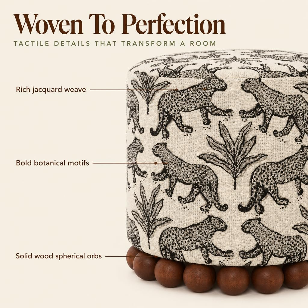Dex Small Round Ottoman Footstool, Leopard Jacquard, Taupe
