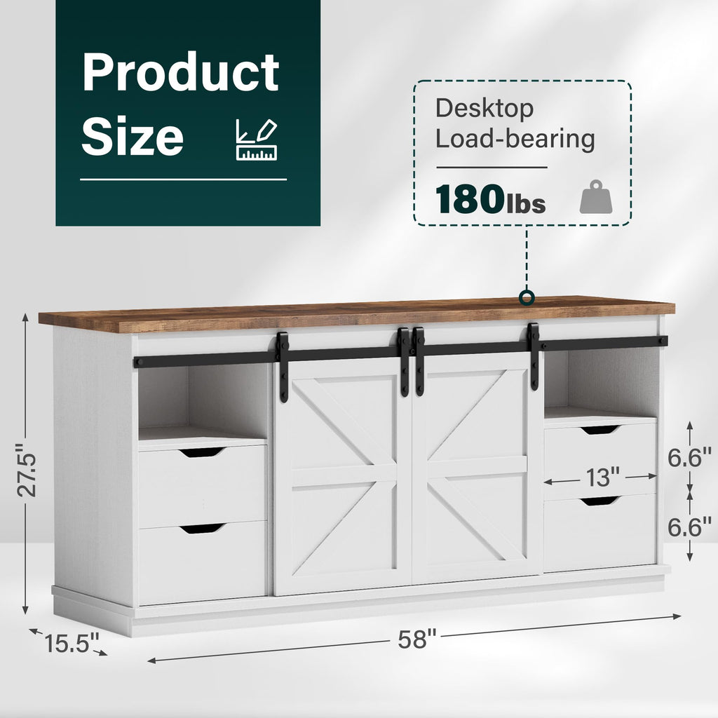 TV Stand for 65" TV, 4 Drawers, Sliding Barn Doors, Bright White