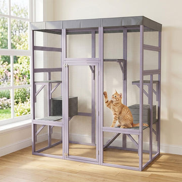 70.1" Large Catio Outdoor Cat Enclosure, Solid Wood Cat House with Waterproof Fabric Roof and 2 Napping House