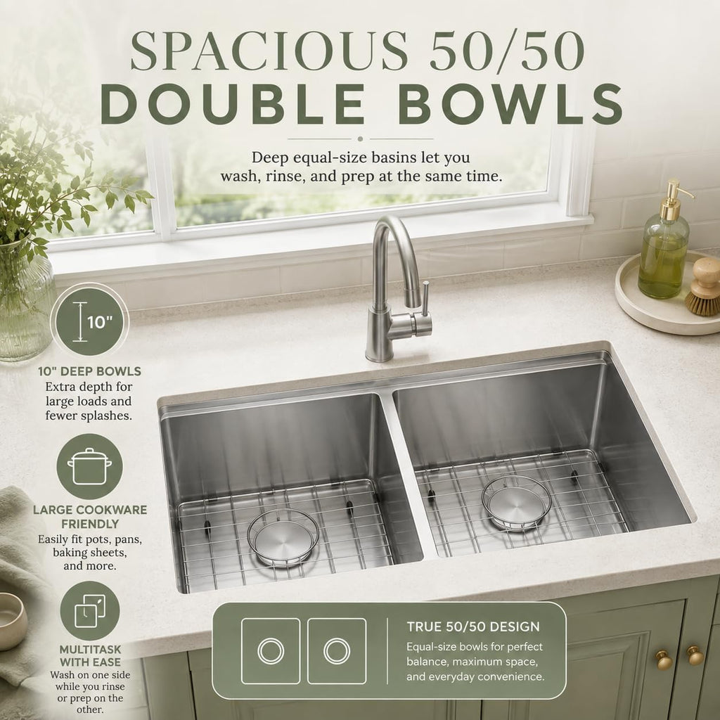 32''x18'' Double Bowl Undermount Kitchen Sink, T304 Stainless Steel 50/50 Workstation Sink with 10'' Deep Basins &