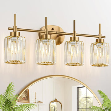 Modern Crystal Bathroom Vanity Light, 4-Light Gold Bathroom Light Fixtures Over Mirror, Crystal Vanity Light with