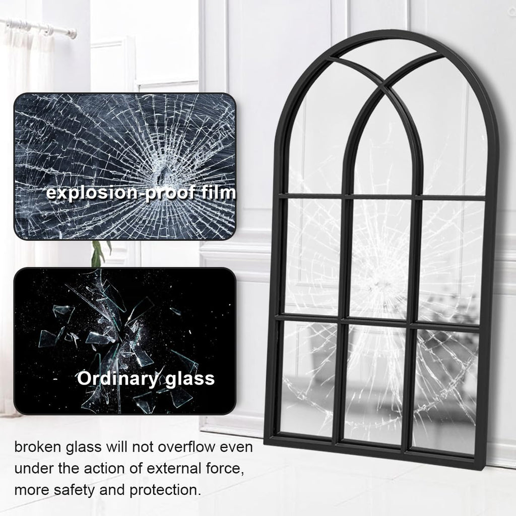 Arched Window Wall Mirror, 42"x24" Windowpane Mirror, Black