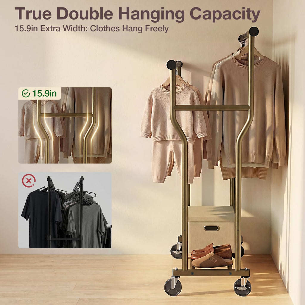 Clothes Rack, Double Rods Rolling Clothing Rack for Hanging Clothes Load 260 LBS Closet Rack with Wheels, Metal