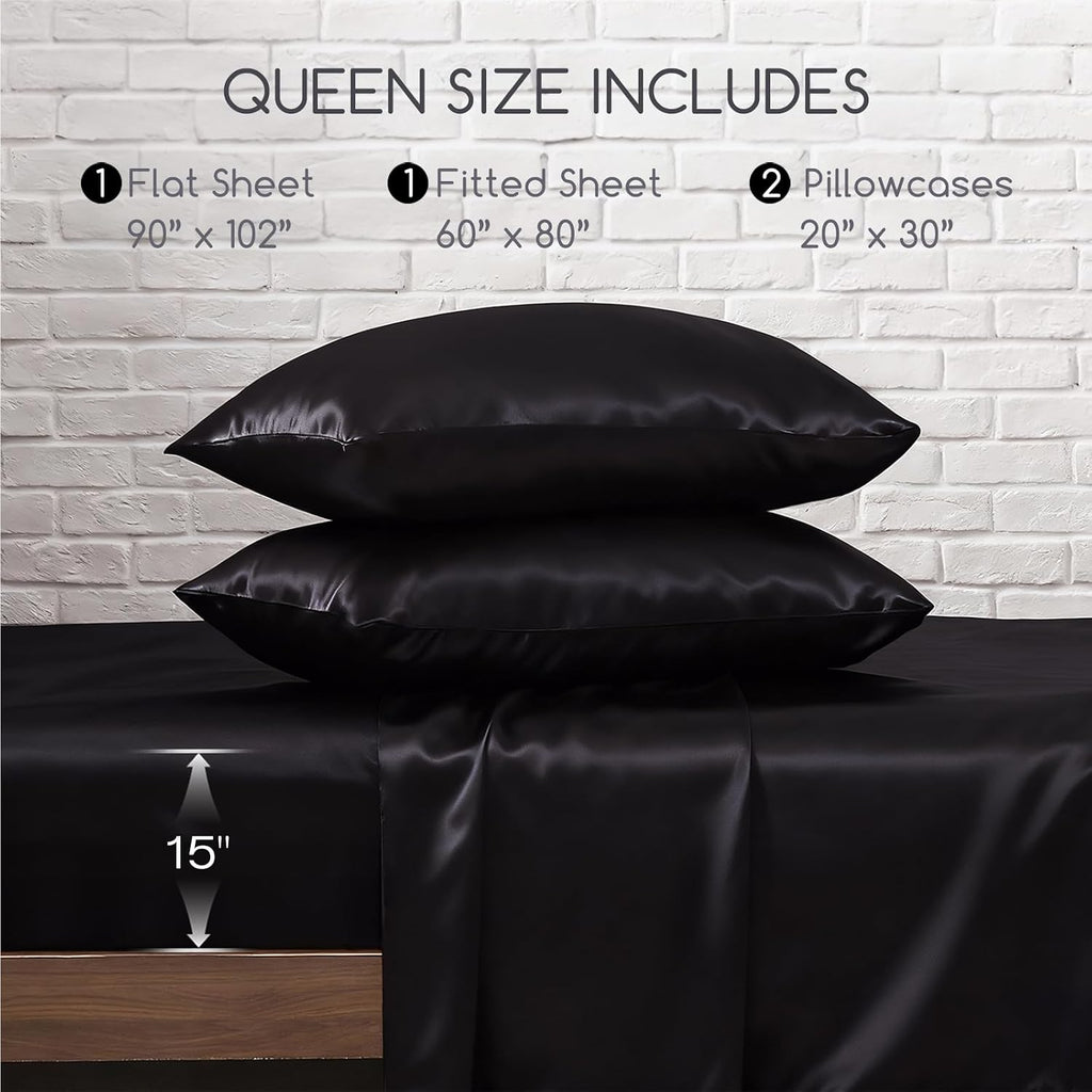 Satin Bed Sheets, Queen Sheets Set, 4 Pcs Silky Bedding Set with Elastic Corner Straps and 15 Inches Deep Pocket for