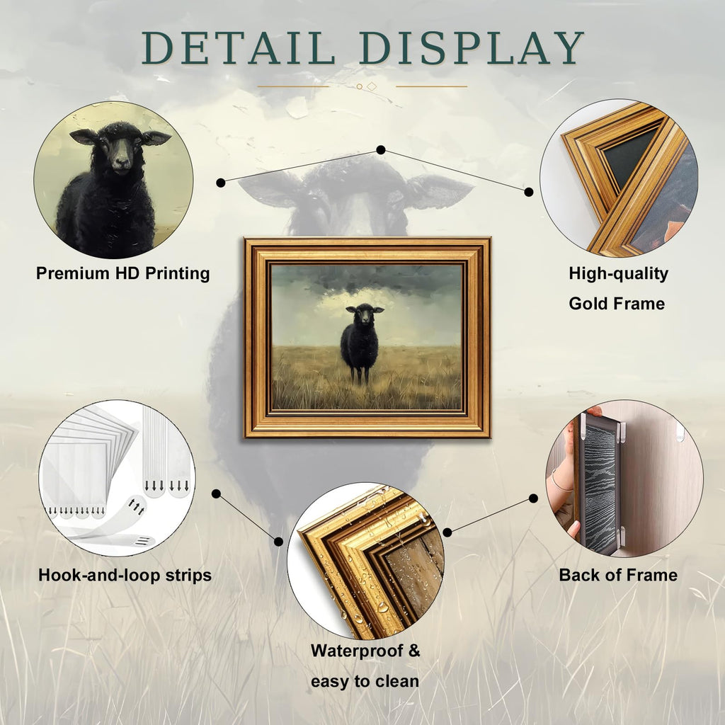 Gold Framed Wall Art Vintage Black Sheep Animal Painting Farmhouse Wall Decor Rustic Farm Animal Picture Moody