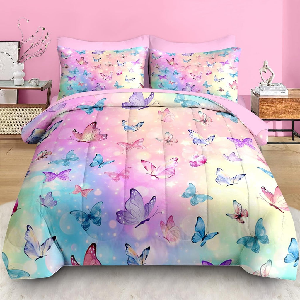 Comforter Set Twin, Pink Blue Butterfly 5 Pcs Bedding for Kids and Adults, Colorful Rainbow Bed Sheet Sets with