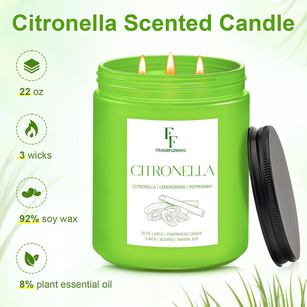 Citronella Large Scented Candle Outdoor Indoor, 3-Wick 22oz Long Lasting Scented Candle, Natural Soy Wax Aromatherapy - Set of 22