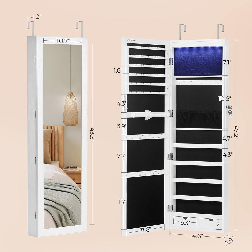 6 LEDs Mirror Jewelry Cabinet, 47.2-Inch Tall Lockable Wall or Door Mounted Jewelry Armoire Organizer with Mirror, 2