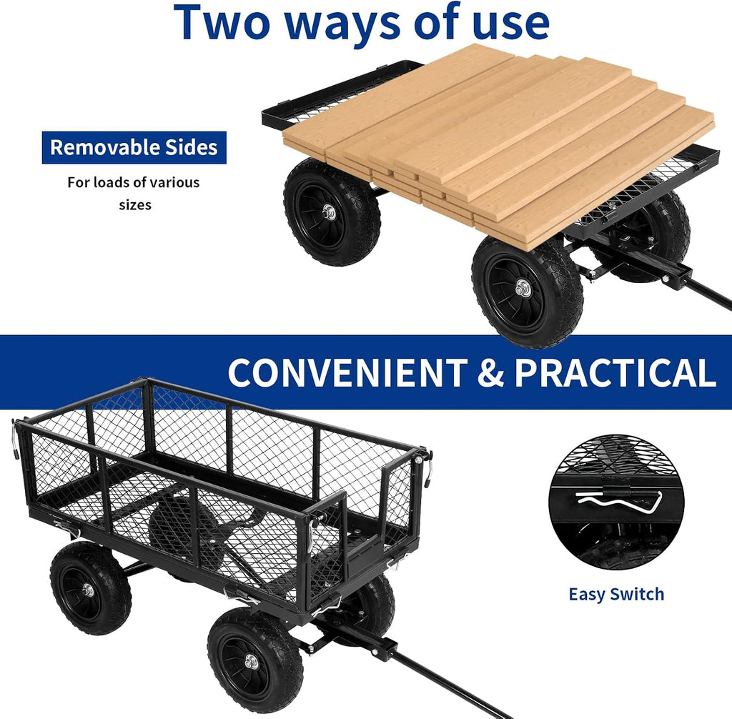 400 lbs 10" Rubber Tires Steel Garden Cart with 180° Rotating Handle and Removable Sides, 4 Cu.Ft Capacity Utility