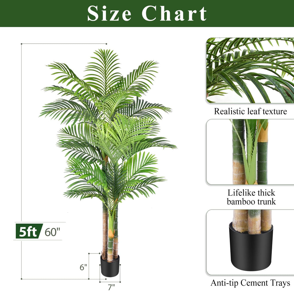 5FT Artificial Palm Tree - Tropical Faux Golden Cane Palm Tree UV Resistant Tall Fake Plant Indoor with Black Pot