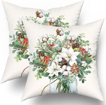 Winter Floral Bouquet Throw Pillow Covers 18x18 Inch 2 Packs Christma Poinsettias Pinecones Pillowcase Holly Berries - Set of 2