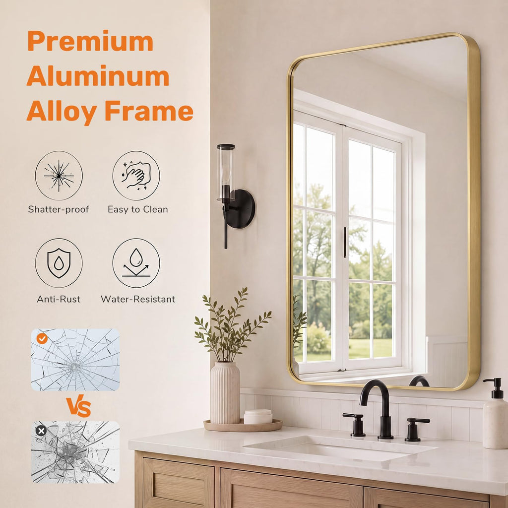 Bathroom Wall Mirror, 48x30 Inch Wall Mount Mirror for Over Sink, Modern Rounded Rectangle Vanity Mirrors with Matte