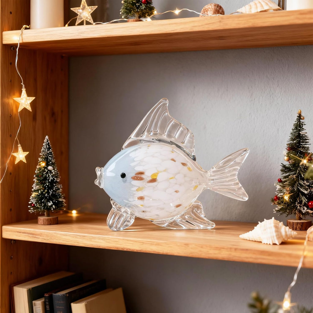 Large Hand Blown Glass Fish Figurines, Aquarium Sea Glass Art, Blue White Fish Statue Sculpture Modern Coastal Accent