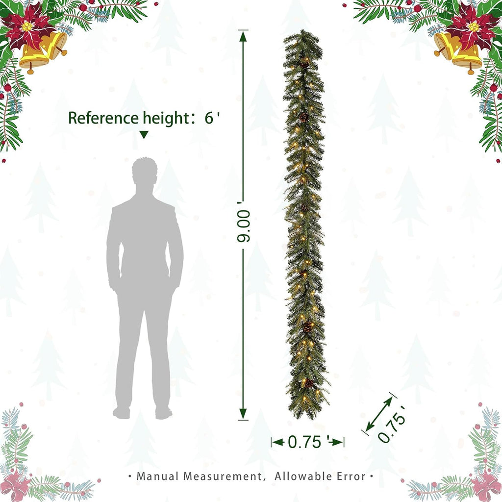 For Mantle, Prelit Greenery Garland Pine Cone Christmas Garland with Warm White LED Lights and Timer for Fireplace