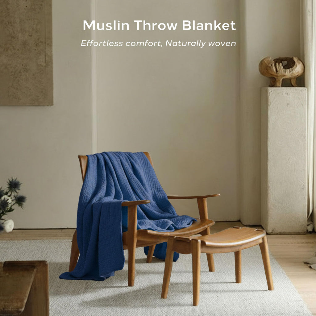 Cotton Throw, Muslin, Blue, 4-Layer Design, Lightweight, Sofa