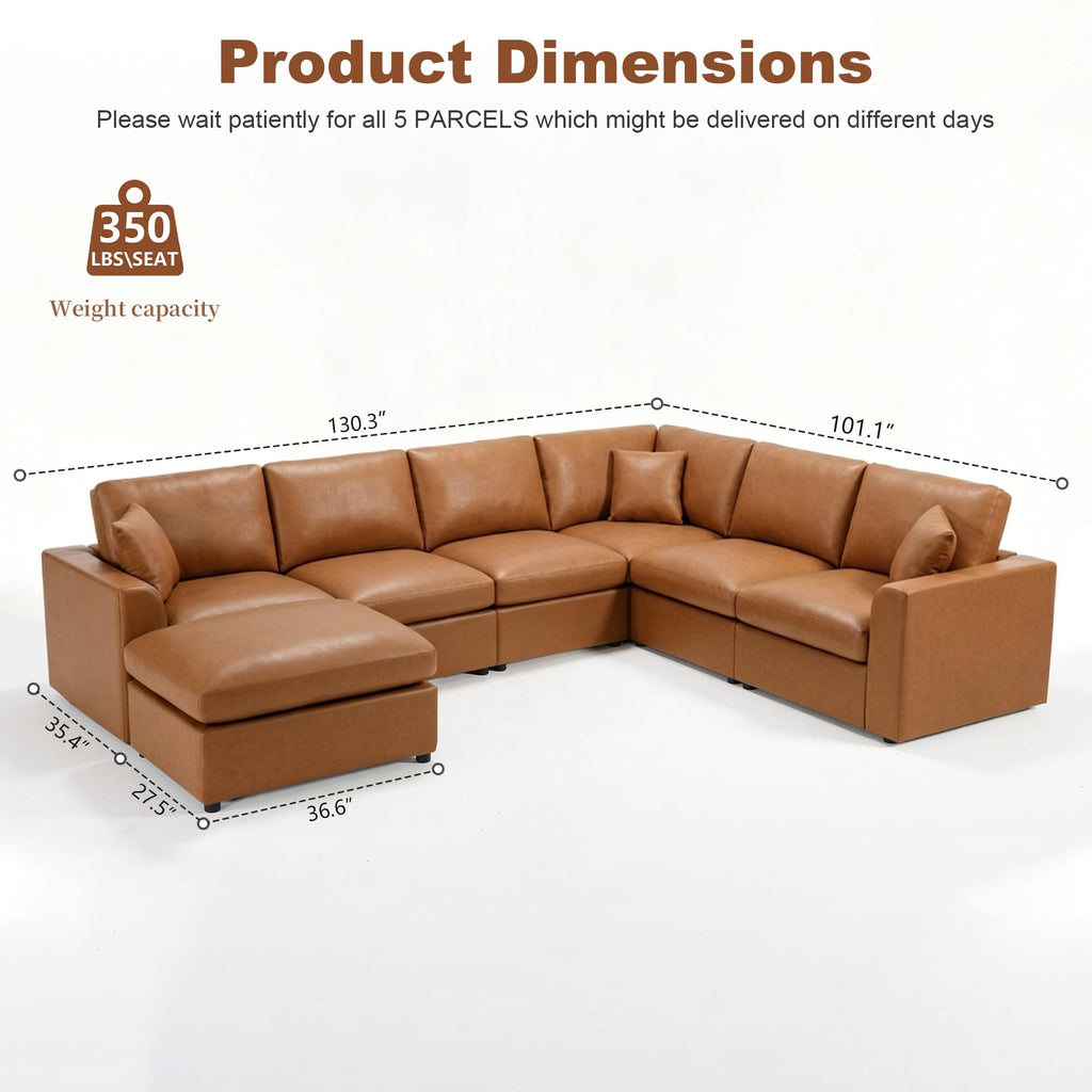 Oversized Leather Modular Sectional Sofa, Brown