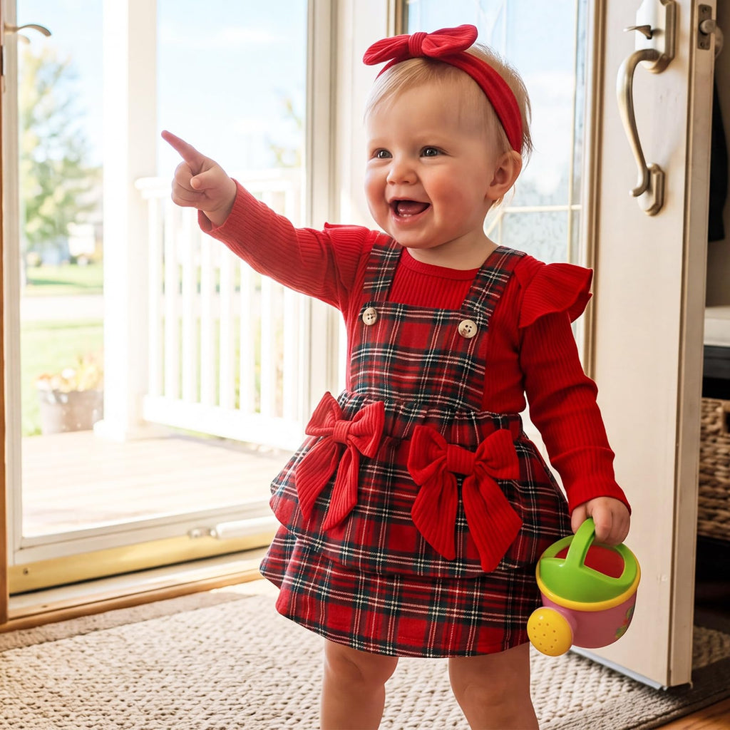 Baby Clothes For Girls Newborn Baby Girl Christmas Outfit Long Sleeve Ruffle Cute Romper Plaid Dress Bow