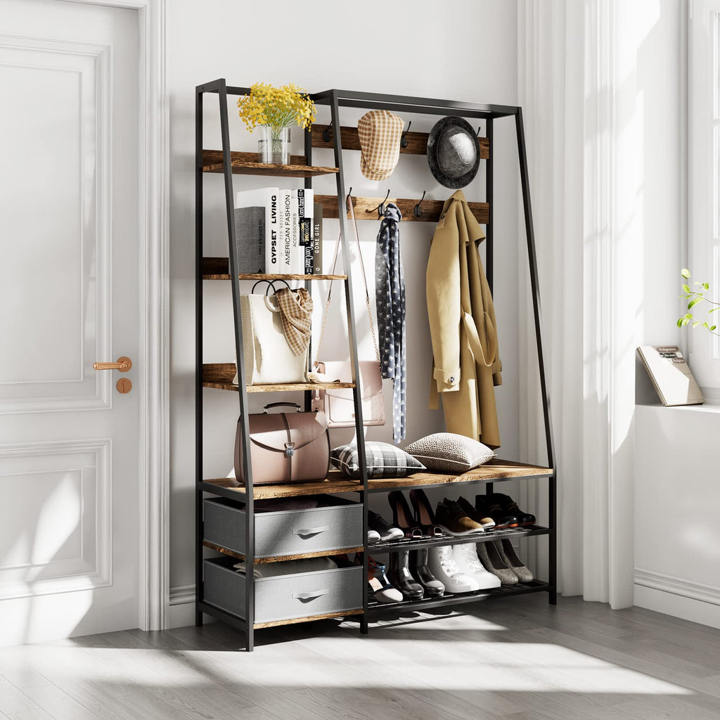 Hall Tree with Bench and Shoe Storage, Industrial Entryway Bench with Coat Rack, 2 Fabric Dressers, 6 Side Shelves, 9