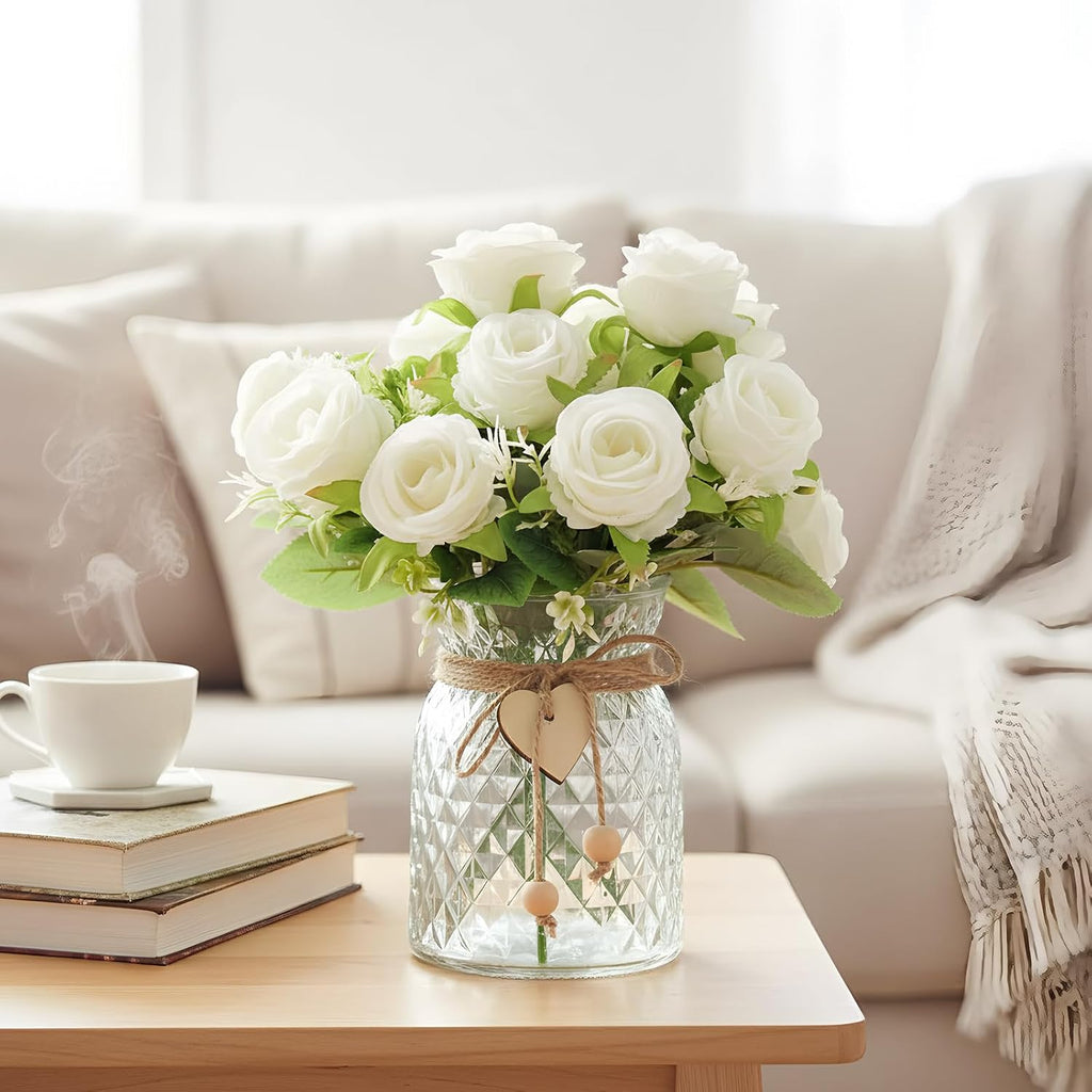 Faux Flowers in Vase, Fake Rose Flowers, Artificial Flowers Decor, Indoor Centerpiece & Dining Table - White - Set of 18