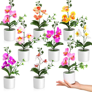 Artificial Orchid Flowers Mini Potted Orchids Fake Orchids with Plastic Vase for Table Centerpiece Home Office - Set of 8