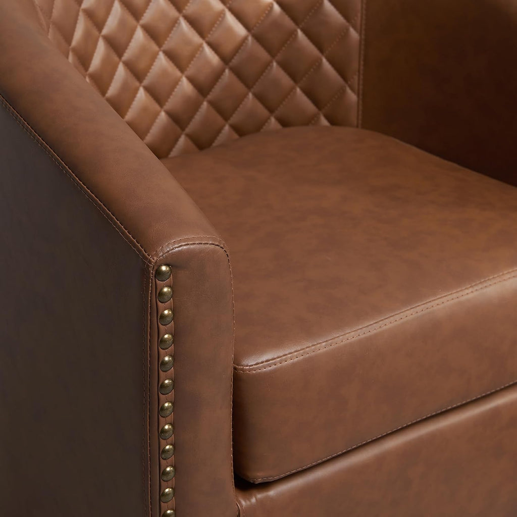 29" W Faux Leather Tufted PU Swivel Barrel Chairs, Brown - Set of 2