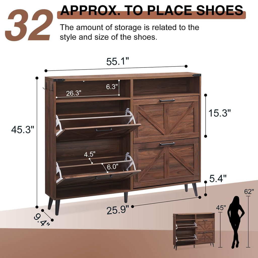 Farmhouse Shoe Storage Cabinet with 4 Flip Drawers & Open Storage