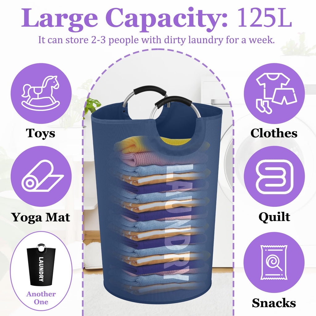 Set of 2 Collapsible Laundry Basket 125L, Tall Laundry Hamper with Comfort Handle, Freestanding Storage Bin for
