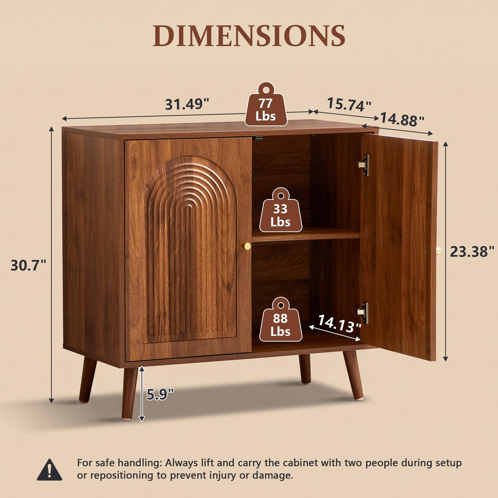 31.5" Accent Storage Cabinet, Arched Fluted 2-Door Sideboard (Walnut)