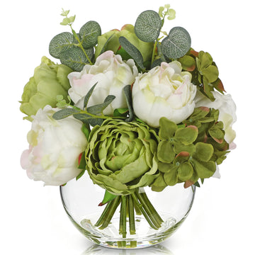 Peonies Artificial Flowers in Vase White Green Peony Hydrangea Fake Flowers Silk Flower Arrangements with Glass Vase