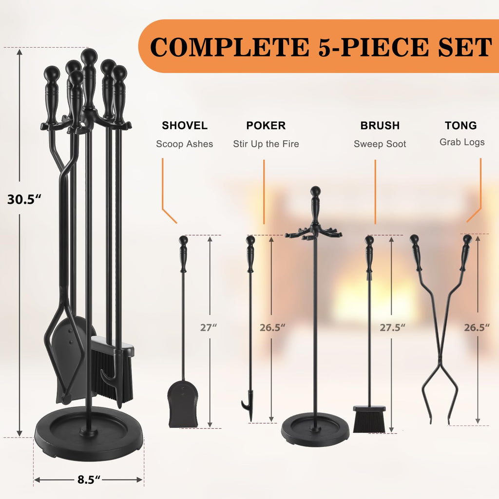 Fireplace Tools Set 5 Pcs 30.5 Inch Black Wrought Iron Large Fire Place Tool Set Indoor/Outdoor Include Poker