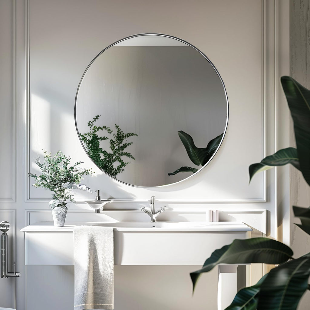 Silver Round Mirror, Circle Mirror 24 inch, Brushed Metal Frame