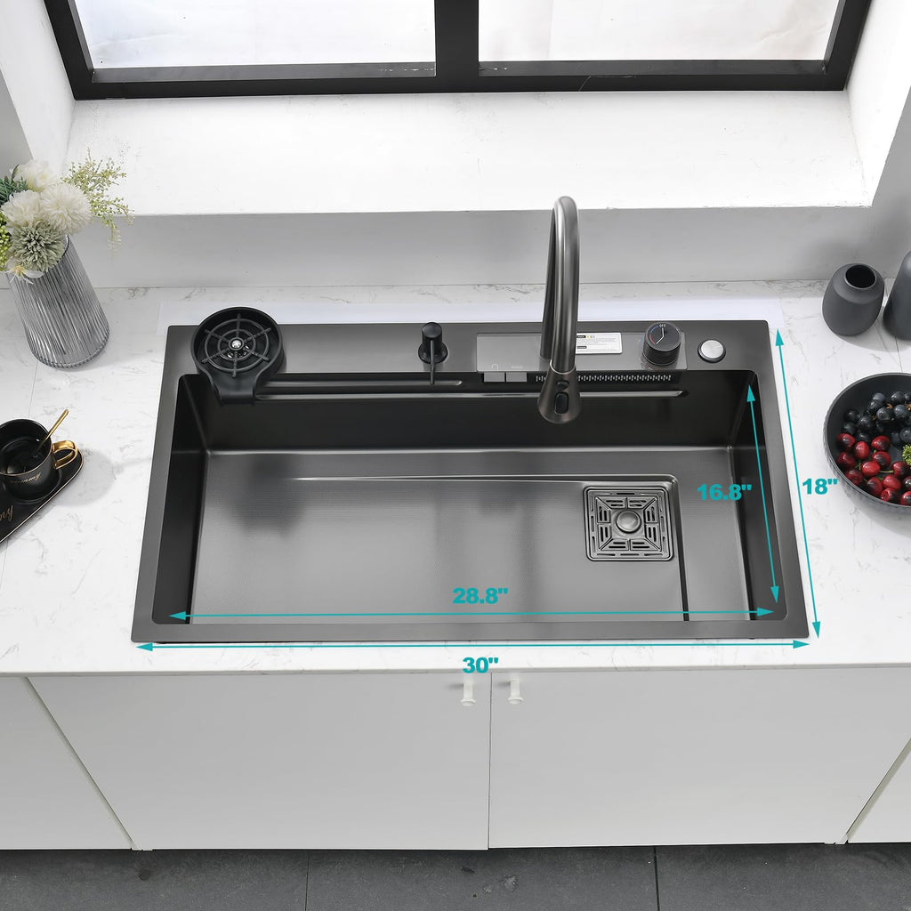 Waterfall 30 Inch Drop-in Single Bowl Stainless Steel Multifunctional with 2-in-1 Faucet and Accessories (30"x18")