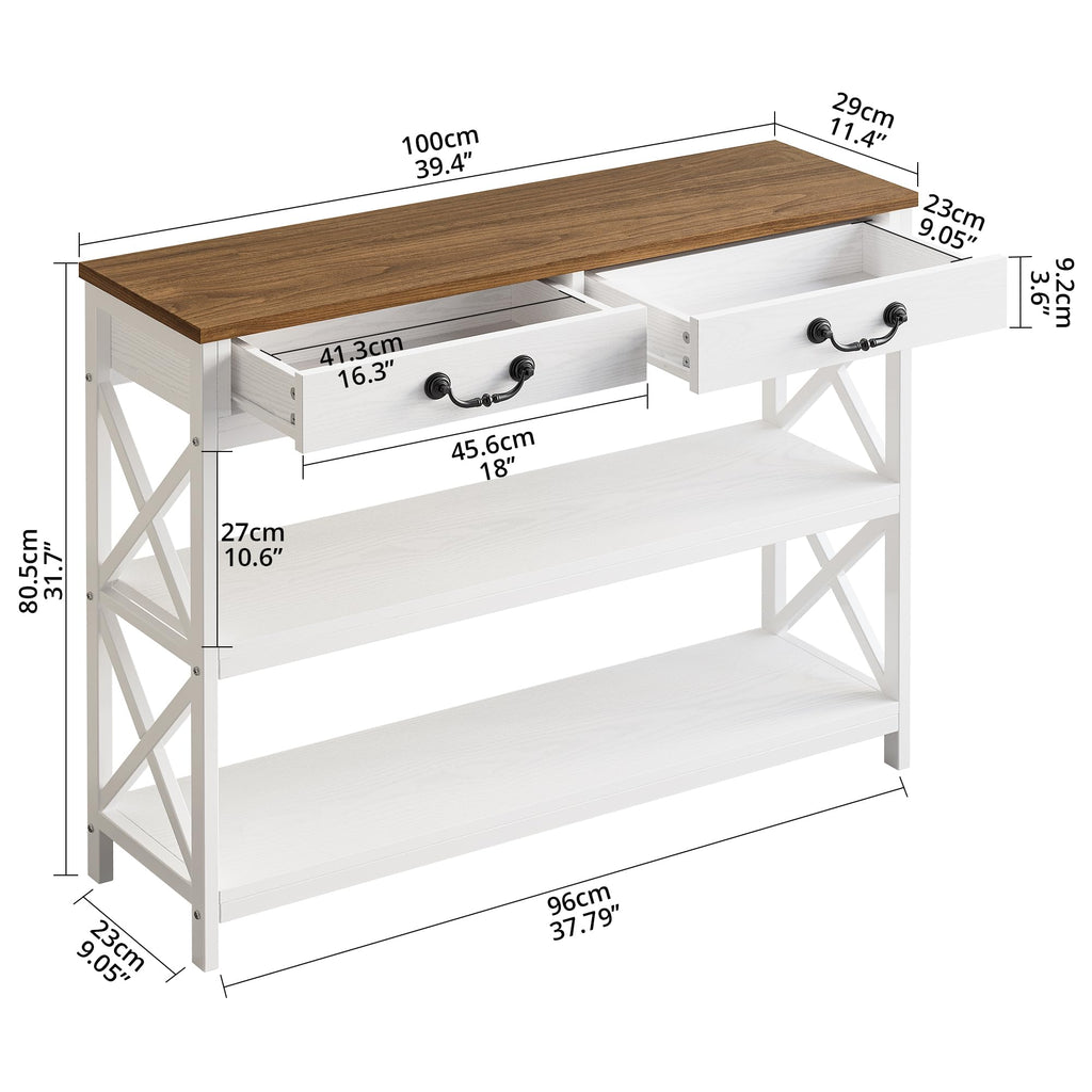 39.4" Farmhouse Console Table with Storage, White/Walnut