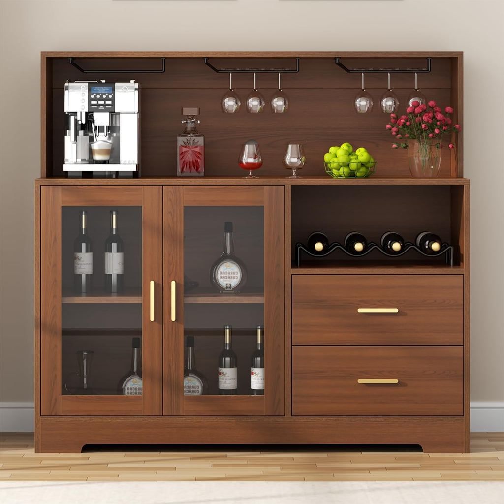 Bar Cabinet with LED Light,Coffee Bar Cabinet w/ Wine & Glass Rack | Kitchen Buffet Sideboard with Storage
