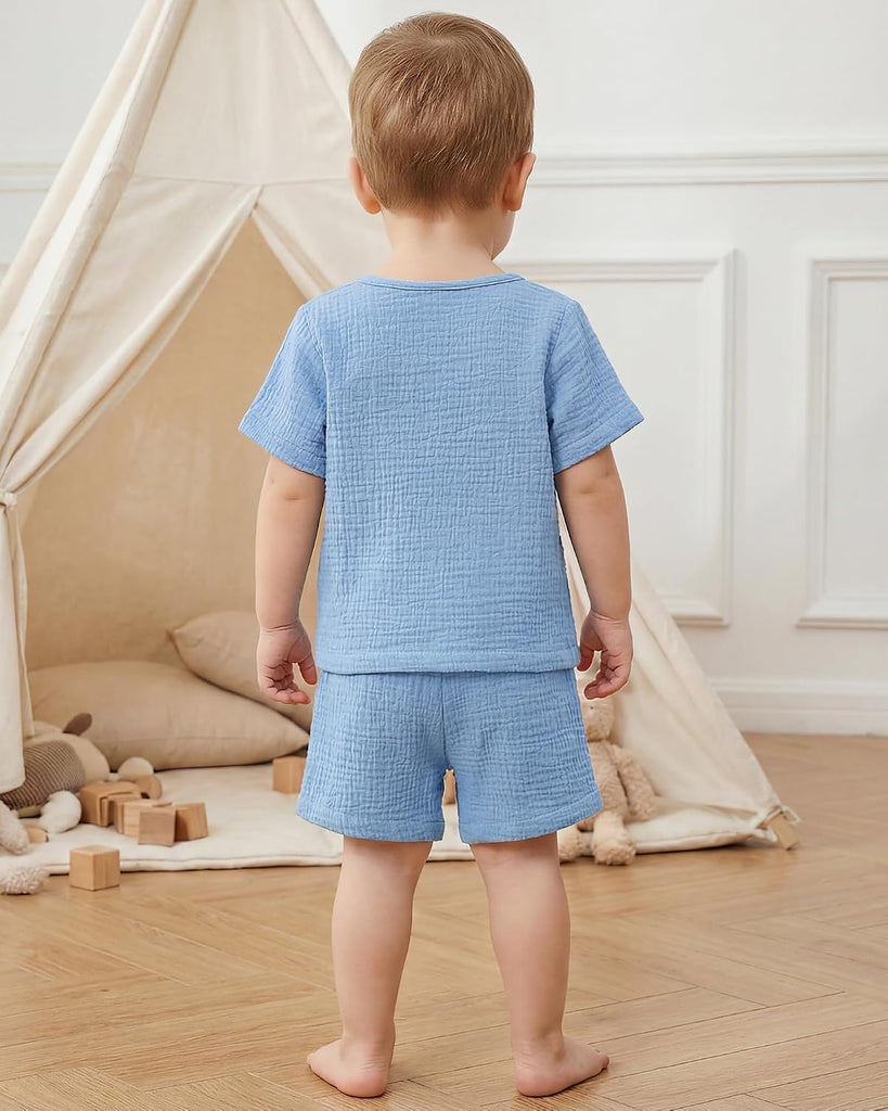 Toddler Boy Summer Outfits Cute Baby Boy Outfits 2 Piece Set Crew Neck Button Top and Solid Shorts