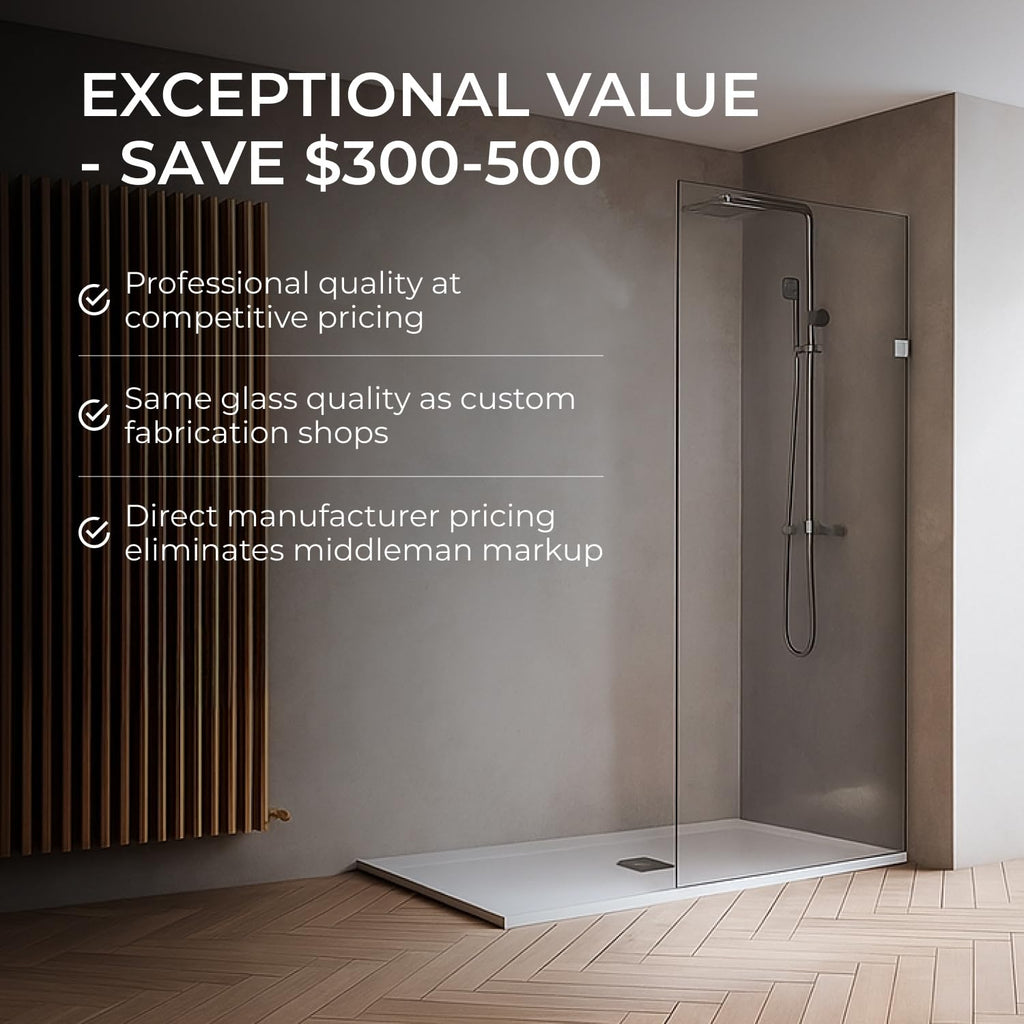 30x76 Frameless Shower Panel - 3/8" Thick Tempered Safety Glass - Fixed Bathroom Partition - Brushed Nickel Finish