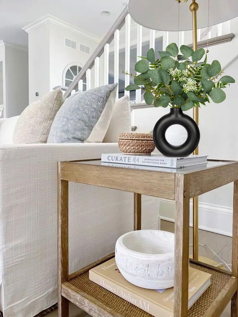 Artificial Eucalyptus Stems in Ceramic Vase 14.23" Fake Eucalyptus Plant Decor Black Donut Vase with Greenery