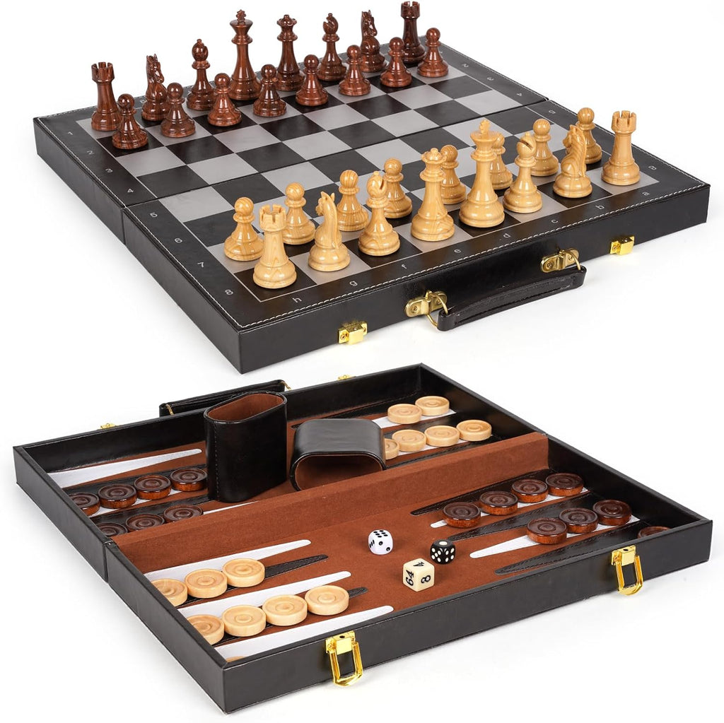 3 in 1 Magnetic Chess Set & Checkers Backgammon Board Game Set, 15" Wooden Folding Chess Board, Tournament Portable