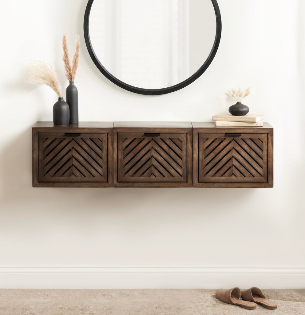 Mezzeta Modern Floating Shelf Side Table with Storage Cubby; 16 x 10 x 12; Natural Wood; Decorative Slatted Wood