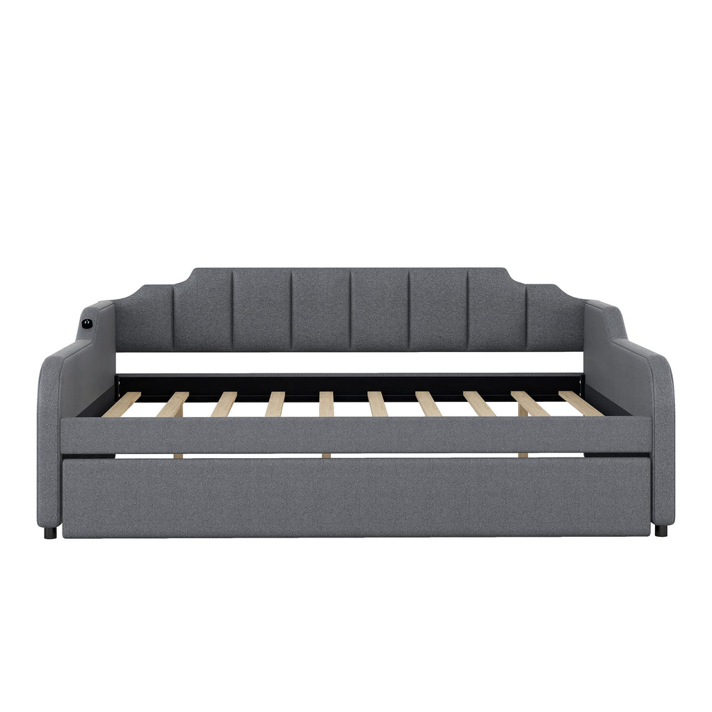 Full Upholstered Daybed with Pop up Trundle, Extendable Sofa Bed Full Daybed with USB Charging and Adjustable Trundle
