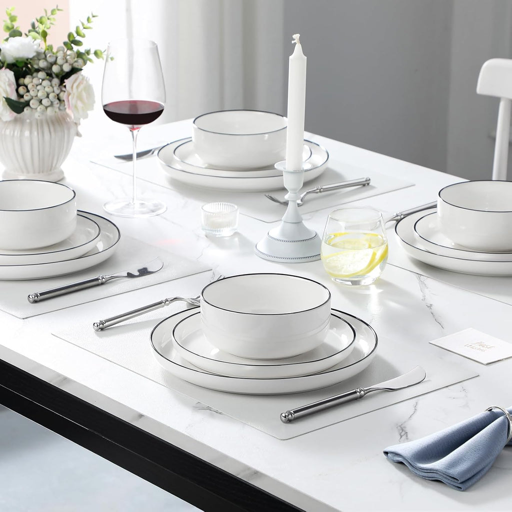 Plates and Bowls Sets, 24 Pieces Modern Porcelain Dinnerware Set for 8 White Kitchen Dinner Dining Ware Set wtih Black