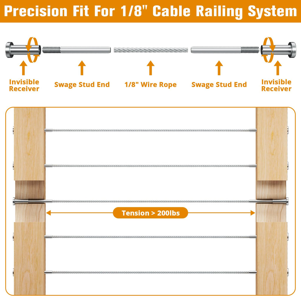 Invisible Cable Railing Kit - 50 Pack 1/8" T316 Stainless Steel Invisible Receiver Swage Stud End for 2"x2" Wood