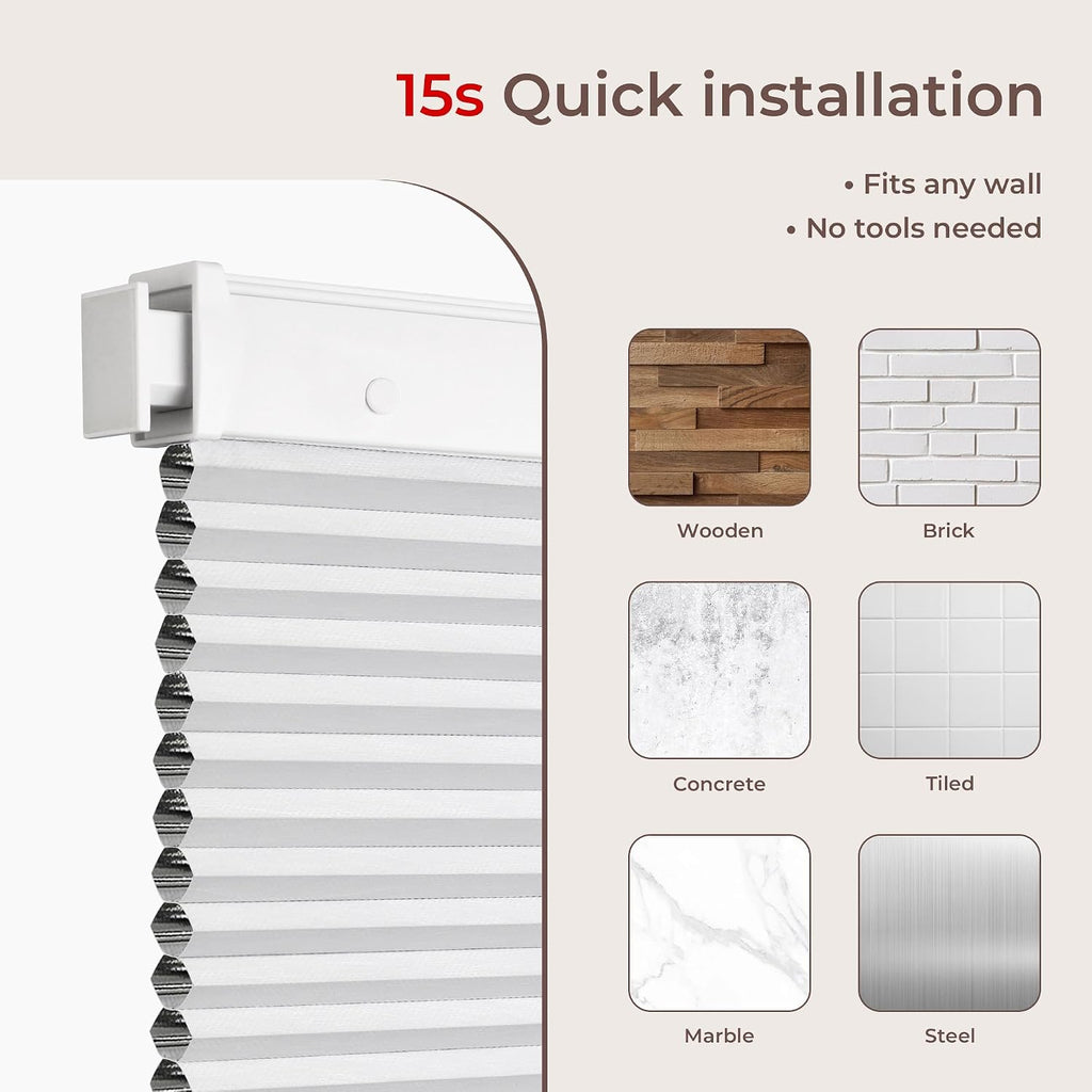 No Drill Blinds for Windows Blackout Cordless Cellular Shades Honeycomb Blinds Pull Down, Free Stop Easy Install