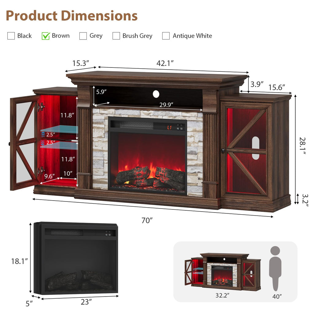 Electric Fireplace TV Stand, 70" Farmhouse Entertainment Center with Open Shelf and Glass Barn Door Cabniet, Modern